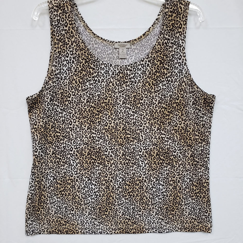 Chicos Sz 2 M Tank Top Leopard Animal Print Soft Stretch Comfort Cool Black Tan